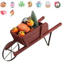 Gymax Wooden Planter Stand Wheelbarrow With 9 Magnetic Accessories Red in Dark Red