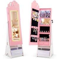 Costway Kids Jewelry Cabinet w/ Lights Jewelry Organizer w/ Full-Length Mirror in Pink