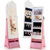 Costway Kids Jewelry Cabinet w/Lights Jewelry Organizer w/ Full-Length Mirror in White