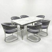 HOME LUXE INTERIOR 160cm Grey Marble & Silver Dining Table with 6 Porado Grey Chairs