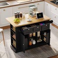 BTM Kitchen Island on Wheels with Dropleaf, Spice Rack & Charging Station in Black