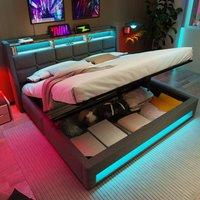 BTM Grey 5FT King Upholstered Bed with LED & USB Charging Headboard