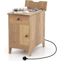 Gymax Side Table Narrow Nightstand End Table With Drawers & Charging Station in Natural