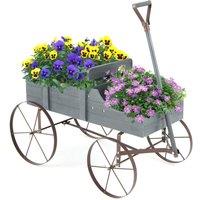 Gymax Wood Wagon Flower Planter Backyard Decorative Pot Stand With Wheels in Grey