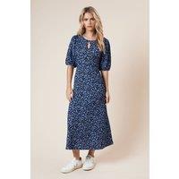 Dorothy Perkins Women's Petite Puff Sleeve Blue Spot Keyhole Midi Dress | Size: 10