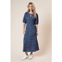 Dorothy Perkins Women's Petite Puff Sleeve Blue Spot Keyhole Midi Dress | Size: 16