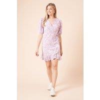 Dorothy Perkins Women's Floral Puff Sleeve Mini Jersey Wrap Dress in Lilac | Size: 10