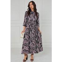 Love Sunshine Women's Black Ornate Print Belted Maxi Shirt Dress | Size: 12