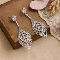 My Posh Shop Women's Statement Sparkle Leaf Drop Earrings in Silver