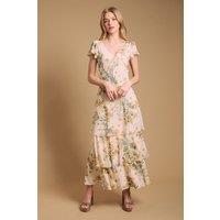 Oasis Women's Floral Printed Chiffon Ruffle Tiered Maxi Dress in Ivory | Size: 12