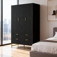 FURNITURE ONE 3-Doors Wardrobe Cabinet with 4 Drawers in Black | Size: 1 Pack