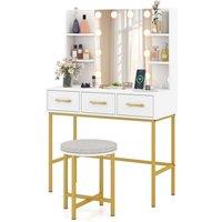 Costway Makeup Dressing Table & Cushioned Stool Set with Mirror & Lights in White