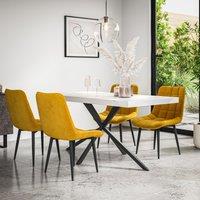 More4Homes Donni Dining Table & Chairs - White Marble Effect Table Top w Black Legs + Nova Velvet Dining Chair Set Of 4 in Mustard