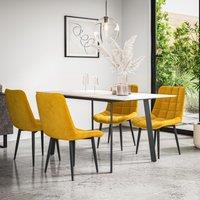 More4Homes Haydon Extending Dining Table & Chairs- White Marble Effect Table Top w Black Legs + Nova Velvet Dining Chair Set Of 4 in Mustard