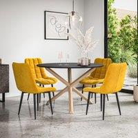 More4Homes Malvern Round Dining Table & Chairs - Black Table Top w Solid Oak Legs + Nova Velvet Dining Chair Set Of 4 in Mustard
