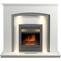 Adam Fires & Fireplaces Adam Savanna Fireplace in Pure White & Grey with Downlights & Vancouver Electric Fire in Black, 48 Inch