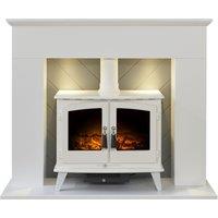 Adam Fires & Fireplaces Adam Corinth Stove Fireplace in Pure White & Grey with Downlights & Woodhouse Electric Stove in Pure White, 48 Inch