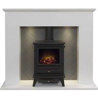 Adam Fires & Fireplaces Adam Corinth Stove Fireplace in Pure White & Grey with Downlights & Hudson Electric Stove in Black, 48 Inch