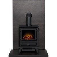 Acantha Fires & Fireplaces Acantha Tile & Hearth Set in Bronze Venetian Plaster Effect with Hudson Stove & Angled Pipe in Black