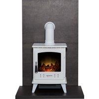 Acantha Fires & Fireplaces Acantha Tile & Hearth Set in Bronze Venetian Plaster Effect with Aviemore Stove & Angled Pipe in White