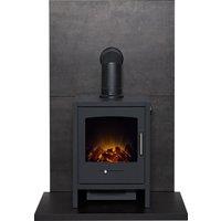Acantha Fires & Fireplaces Acantha Tile & Hearth Set in Bronze Venetian Plaster Effect with Bergen Stove & Angled Pipe in Black