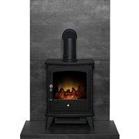Acantha Fires & Fireplaces Acantha Tile & Hearth Set in Slate Venetian Plaster Effect with Aviemore Stove & Angled Pipe in Black