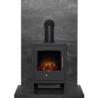 Acantha Fires & Fireplaces Acantha Tile & Hearth Set in Slate Venetian Plaster Effect with Bergen Stove & Angled Pipe in Grey