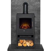 Acantha Fires & Fireplaces Acantha Tile & Hearth Set in Slate Venetian Plaster Effect with Bergen XL Stove & Angled Pipe in Grey