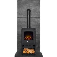 Acantha Fires & Fireplaces Acantha Tile & Hearth Set in Slate Venetian Plaster Effect with Bergen XL Stove & Tall Angled Pipe in Grey