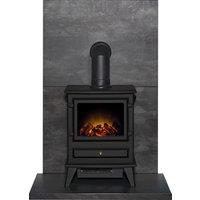 Acantha Fires & Fireplaces Acantha Tile & Hearth Set in Slate Venetian Plaster Effect with Hudson Stove & Angled Pipe in Black