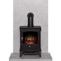 Acantha Fires & Fireplaces Acantha Tile & Hearth Set in Concrete Effect with Aviemore Stove & Angled Pipe in Black