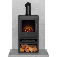 Acantha Fires & Fireplaces Acantha Tile & Hearth Set in Concrete Effect with Bergen XL Stove & Angled Pipe in Grey