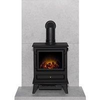 Acantha Fires & Fireplaces Acantha Tile & Hearth Set in Concrete Effect with Hudson Stove & Angled Pipe in Black