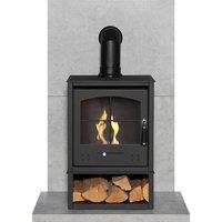 Acantha Fires & Fireplaces Tile & Hearth Set in Concrete Effect with OKO S2 Stove & Angled Pipe in Black