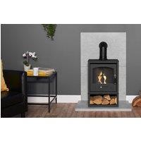Acantha Fires & Fireplaces Tile & Hearth Set Concrete Effect OKO S2 Stove, Log Store & Pipe in Black