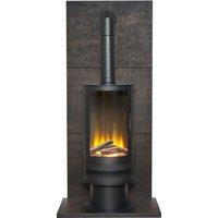 Acantha Fires & Fireplaces Acantha Tile & Hearth Set in Bronze Venetian Plaster Effect with Orbit Cylinder Stove & Tall Angled Pipe in Black