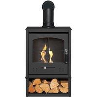OKO Bio Ethanol Fires S2 Bio Ethanol Stove with Log Storage in Charcoal Grey with Angled Stove Pipe in Black