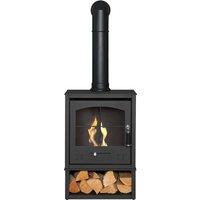 OKO Bio Ethanol Fires S2 Bio Ethanol Stove with Log Storage in Charcoal Grey with Tall Angled Stove Pipe in Black