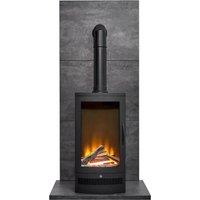 Acantha Fires & Fireplaces Acantha Tile & Hearth Set in Slate Effect with Horizon Stove & Tall Angled Pipe in Black