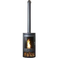 OKO Bio Ethanol Fires OKO S5 Bio Ethanol Cylinder Stove with Log Storage in Charcoal Grey & Tall Angled Metal Stove Pipe