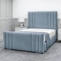 Living Comfort Bedz Canberra Upholstered Gas Lift Storage Bed with 48 Inch Headboard in Light Blue | Size: Super King