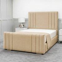 Living Comfort Bedz Canberra Upholstered Gas Lift Storage Bed with 48 Inch Headboard in Beige | Size: Small Double