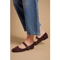 Oasis Women's Buffie Faux Suede Square Toe Mary Jane Padded Ballet Pumps in Chocolate | Size: 6