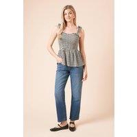Dorothy Perkins Women's Gingham Tie Shoulder Shirred Bodice Peplum Top | Size: 16