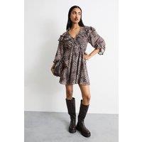 Warehouse Women's Printed Ruffle Shoulder Detail V Neck Boho Mini Dress in Animal | Size: 16