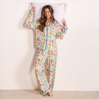 OHS Women's Postcards Print Jersey Button Through Pyjama Set Nightwear | Size: S/M