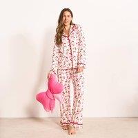 OHS Women's Cherry Bow Print Jersey Button Through Pyjama Set Nightwear | Size: Large/XL