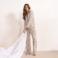 OHS Women's Zebra Print Jersey Button Through Pyjama Set Nightwear in Beige | Size: Large/XL