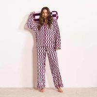 OHS Women's Checkerboard Jersey Button Through Pyjama Set Nightwear in Burgundy | Size: Large/XL