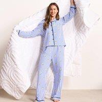 OHS Women's Stripe Seersucker Button Through Ultra Soft Pyjama Set Nightwear in Blue | Size: S/M